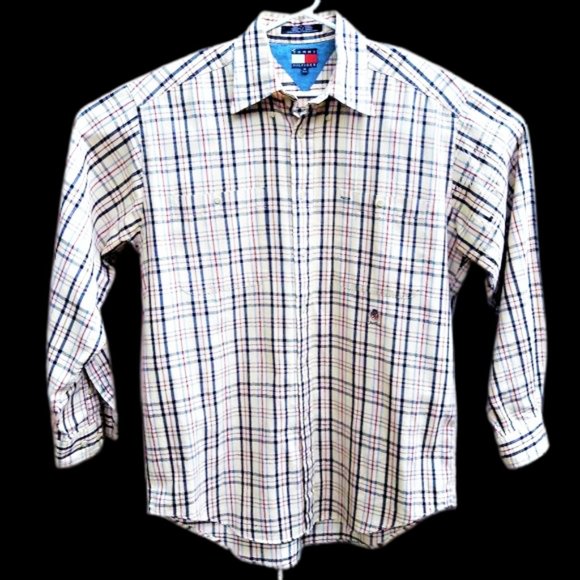 DUP Tommy Hilfiger Mens Shirt 100 Cotton Vintage Plaid Lion Crest Preppy M - Picture 6 of 6